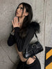 Furry Patchwork Jacket Women Hooded Autumn Zip Short Full Sleeve Simple Wild Gothic Punk Street Club Coat