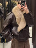 Ladies Winter Retro Fur Collar Leather Jacket V‑Neck Full Lapel Long Sleeve Double Breasted Urban Warm Casual Outer