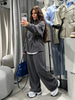 Women Casual Drawstring Waist Cinched Fleece 2 Piece Outfits Half Zip Stand Collar Sweatshirt Wide Leg Pants Set