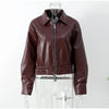 Vintage Wine Red Loose Short Leather Jacket Women Lapel Long Sleeves Zipper Cropped Coat Autumn Lady Street Outwear