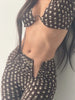 Sexy 3 Piece Set Woman Polka Dot Print Headscarf+Low-Neck Full Sleeve Tops+Metal Buckle Crop Pants Streetwear