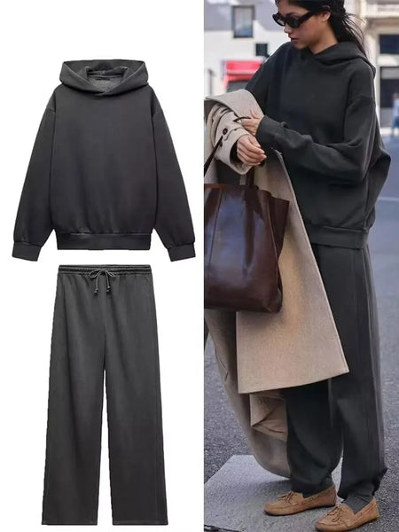 Women Solid Casual Sweatshirt Pant Suit Long Sleeve Hooded Fleece Pullover Coat Loose Straight Trousers Autumn Female Set