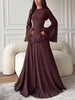 Round Neck Flared Long-Sleeve Long Gown for Women, High-Waisted with Ruffled Hem, Flowing and Elegant Floor-Length Party Evening Dress