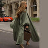 Women Chic Long Trench Coat Loose Lantern Sleeve Stand Collar Side Slit Single Breasted Windproof Outerwear Casual Ladies Jacket