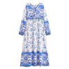 Boho White Blue Totem Print Bow Lacing up Neck Long Straight Dress Women Viscose Cotton Full Sleeve Maxi Robe Holiday