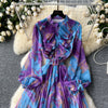 Retro Elegant Autumn Edible Tree Fungus Patchwork Long Sleeves Print Chiffon Dress A-line French Vintage Vacation Women Dresses