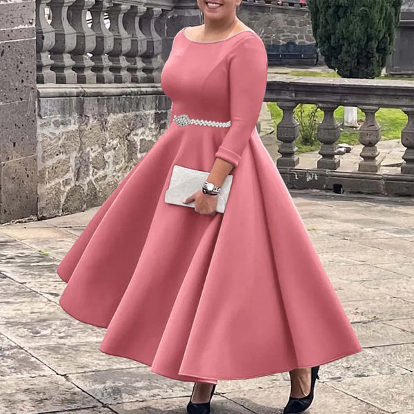 Dresses for Woman O Neck Full Sleeve Belt Waisted High Waisted Pleated A Line Ankle Length Elegant Female Birthday Gowns