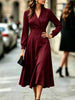 Autumn Women's Notched Work Long Sleeve Maxi Dress Wrap Waist A Line Midi Dress Elegant Long Party Dress Robe Femme