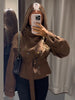 Autumn Winter Ladies Cropped Trench Jacket Faux Suede Double‑breasted Stand Collar Belt Waist Slim Fit Casual Outerwear Coat