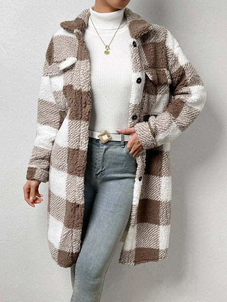 Winter Women's Long Coat Plaid Plush Lapel Pocket Button Cardigan Top Street Versatile Warm Jacket for Female