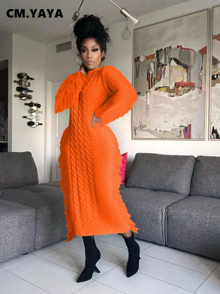 Women Long Sleeve Tassel Bodycon Midi Knit Straight Maxi Dress Autumn Winter O-neck Sweater Vestidos Dresses