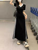 Women Autumn Midi Dresses Black Vintage Simple Y2K V-neck Korean Preppy Style Elastic Long Sleeved A-Line Sports Dress