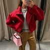 Ladies High Street Casual Chic Red Autumn Winter Women Jacket Outfits Plaid Stand Collar Zipper Loose Bomber Jacket Coat Female