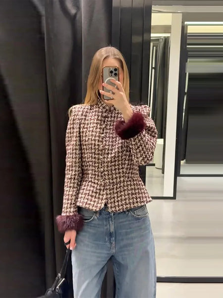 Women Stand Collar Tweed Jacket Elegant Long Sleeve Faux Fur Cuffs Coat Spring Single Breasted Outerwear Street