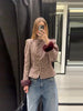 Women Stand Collar Tweed Jacket Elegant Long Sleeve Faux Fur Cuffs Coat Spring Single Breasted Outerwear Street