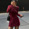 Sexy Wine Red Dresses Women Autumn O-Neck Streetwear Print Long Sleeves Dresses Lady Knitted Pullover Clothing Dress