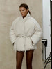 Ladies Beige Belted Puffer Coat Stand High Collar Wrap Design Drawstring Waist Oversized Bubble Jacket Winter Warm Outwear