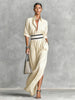 Women's Shirt Maxi Dress with Wide Striped Belt Roll-Up Sleeve High Slit Elegant Casual Formal Outfit