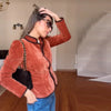 Casual Stand Collar Cropped Jacket Women Elegant Velvet Puff Sleeve Contrast Trim Coat Spring Chic Lady Streetwear