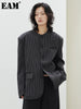 Women Black Striped Big Size Casual Blazer O-neck Long Sleeve Loose Fit Jacket Tide Spring Autumn 1DH0147