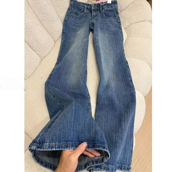 Girls Korean Low Waist Slim Fit Jeans Lady Casual Daily Bell Bottom Pants Women Classic Denim Trousers