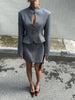 Women Grey Stand‑collar Keyhole Blazer Mini Skirt 2 Piece Set Chic Long‑sleeve Fitted Suit Lady Street Commute Outwear