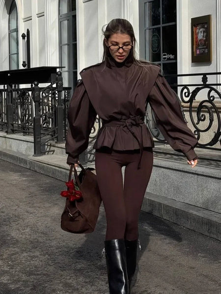 Women Solid Lace Up Lapel Jacket Casual Full Sleeve Wide Shoulder Waist Cinching Coats Autumn Office Commute Outwear