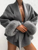 Women Fur Splicing Grey Woolen Coat Casual Belt Full Sleeve Lapel Loose Cardigan Outwear Lady Winter Highstreet Jacket