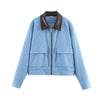 Corduroy Cropped Short Jackets Women Casual Contrast Collar Long Sleeves Zipper Coat Lady Spring Daily Street Wear