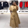 Women's Trench Style Midi Dress Stand Collar Cape Overlay Short Sleeve Belted Waist A‑Line Dresses Autumn Elegant Office Outfits