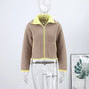 Casual Women's Knit Contrast Fleece Coats Stand Collar Zipper Pockets Full Sleeve Jackets Spring Lady Warm Outwear