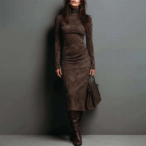 European American Women's Suede Turtleneck Long Sleeve Midi Dress Elegant Bodycon Dress for Autumn/Winter Party Clubwear