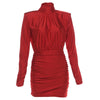 Elegant Shoulder Padded Dress Women Turtleneck Ruched Sexy Classic Office Commute Simple Peach Hip Slim Mini Bodycon