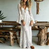 Deep V Neck Embroidery Lace Woman Dress Spring Hollow Out High Waist Crochet Dresses Autumn Flare Sleeve Jacquard Long Dress
