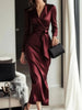Satin Long Sleeve V Neck Wrap Tie Waist Elegant Midi Dress for Women Evening Party Cocktail