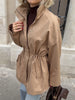 Women's Stand Collar Mid Length Trench Coat Drawstring Waist Autumn Winter Coats Cotton Outer Jacket