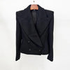 Short Black Jacket Women's Big Lapel Slim Fit Back Metal Chian Double Breasted Jacket Autumn 7A1213