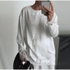 Women's Satin Short Dress Patchwork Lace Trim Crew Neck Long Sleeve Loose Dresses Spring Lady Casual Daily Chic Streetwear
