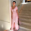 Ribbed Knit Maxi Dress For Women Deep V-Neck Slim High Slit Elegant Patchwork Commute Party Dress Women Knitwear Dress