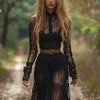 Spring Autumn Chic Long Sleeve O-Neck Prom Dress Retro Black Sexy Zipper Long Dress Women's Lace Jacquard Hollow out Party Dress