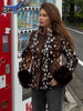 Women Chic Cropped Leopard Faux Fur Coat Contrast Black Fur Collar Cuff Button Short Furry Coats Lady Winter Chic Streetwear