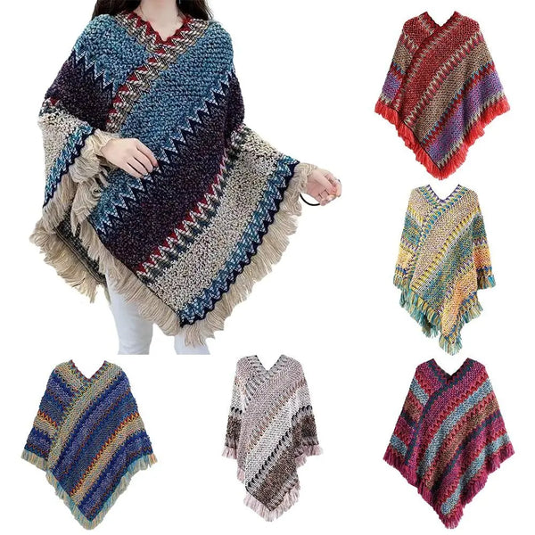 Coat Overlays Winter Warm Mongolian Poncho Ethnic Style Striped Knitting Wraps Polyester Pullover Tassel Shawl for Women