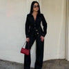 Black Denim Pant Sets Women's Two Pieces Set Slim Long Sleeve Shirt 2 Piece Sets Woman Outfit High Waist Flare Trousers Set