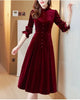 Wine Red Golden Velvet Dress Women Spring Autumn Long Sleeved Long Dresses Female Temperament Evening Party Dress Mujer Vestidos