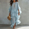 Vintage Solid Tiered Ruffle Mesh Dress Women Crew Neck Loose Batwing Sleeve Sheer Maxi Dress Elegant Holiday Travel Casual Dress