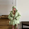 Women's Oversized Quilted Jacket With Hooded Stand Collar Long Sleeve Zipper Pocket Coat Lady Warm Winter Outerwear