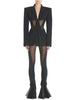 Women Blazer Notched Collar Full Sleeve Hidden Breasted Lace Patchwork Waist Black Jacket Autumn 17A8211