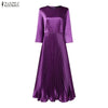 Womens Elegant Satin Silk Party Dresses O-Neck 3/4 Sleeve A-Line Long Pleated Dress Solid Color Guest Evening Robe Femme