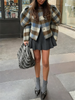 Women's Vintage British Style Plaid Puff Sleeves Jackets Spring Autumn Long Sleeves O-Neck Double Breasted Short Coats