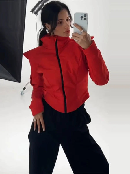 Women's Winter Jacket Wide Shoulder Coat Waist Cinching Cropped Padded Top Street Stand Collar Long Sleeve Irregular Hem Coats